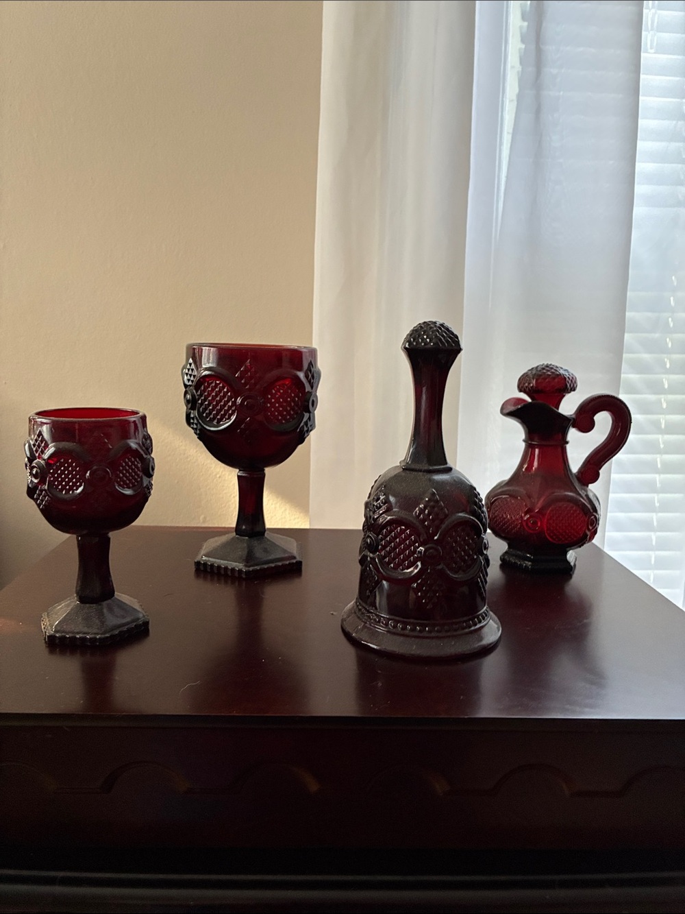 Avon Deep Ruby Red Glass Bell, Goblets & Cruet Decorative Set
